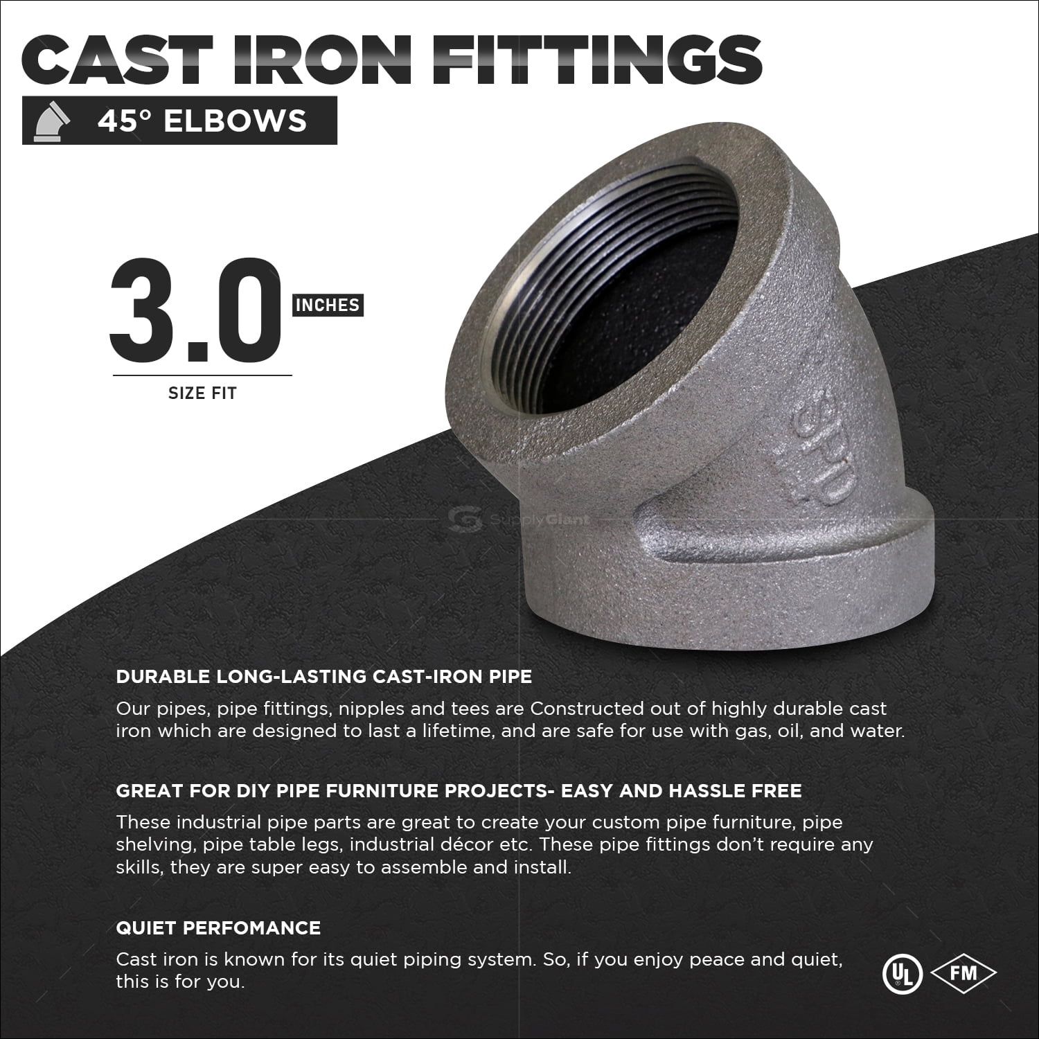 Supply Giant 3" 45 Degree Black Pipe Fitting Street Elbow Cast Iron