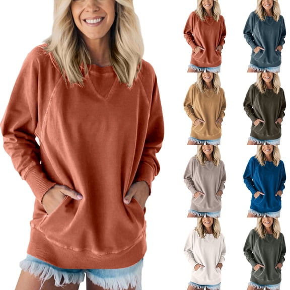 Swuxness Women Sports Casual Sweatshirt, Women's Long Sleeve Tops, Women Solid Color Fashion Ribbed Pocket Comfortable Soft Relaxed Fitted Crew Neck Pullover Top Gray, S