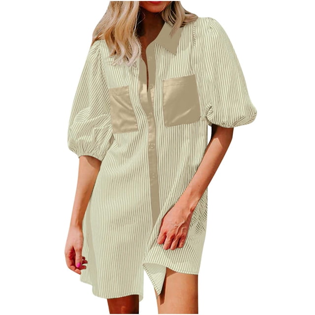 Camisas de Cuello en V de Manga Corta para Mujeres Vestido de Túnica de Rayas con Botón de Verano con Bolsillos, 95% Poliéster 5% Spandex para Diario Y Fiesta