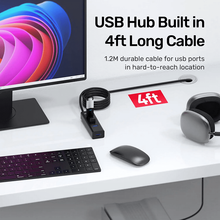 Unitek 4-Port USB 3.0 Hub, 4 Ft Long Cable USB Extension Multiple Port  Splitter with Micro USB Charging Port Compatible for Windows PC,  Laptop,Flash