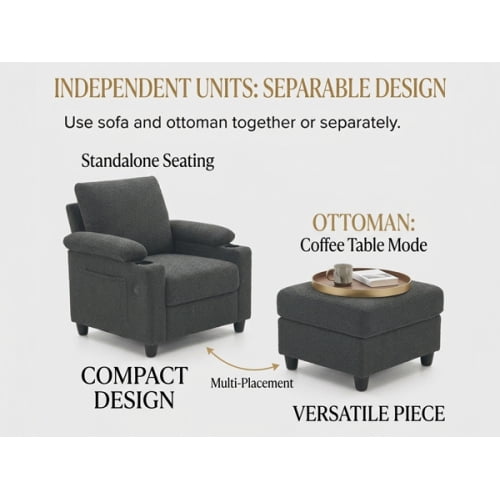 Accent Chair and Storage Ottoman Set, Convertible Single Chaise Lounge Sleeper Bed with Reclining Backrest, Dual Cup Holders, USB-C Ports, Side Storage Pocket, Dark Gray
