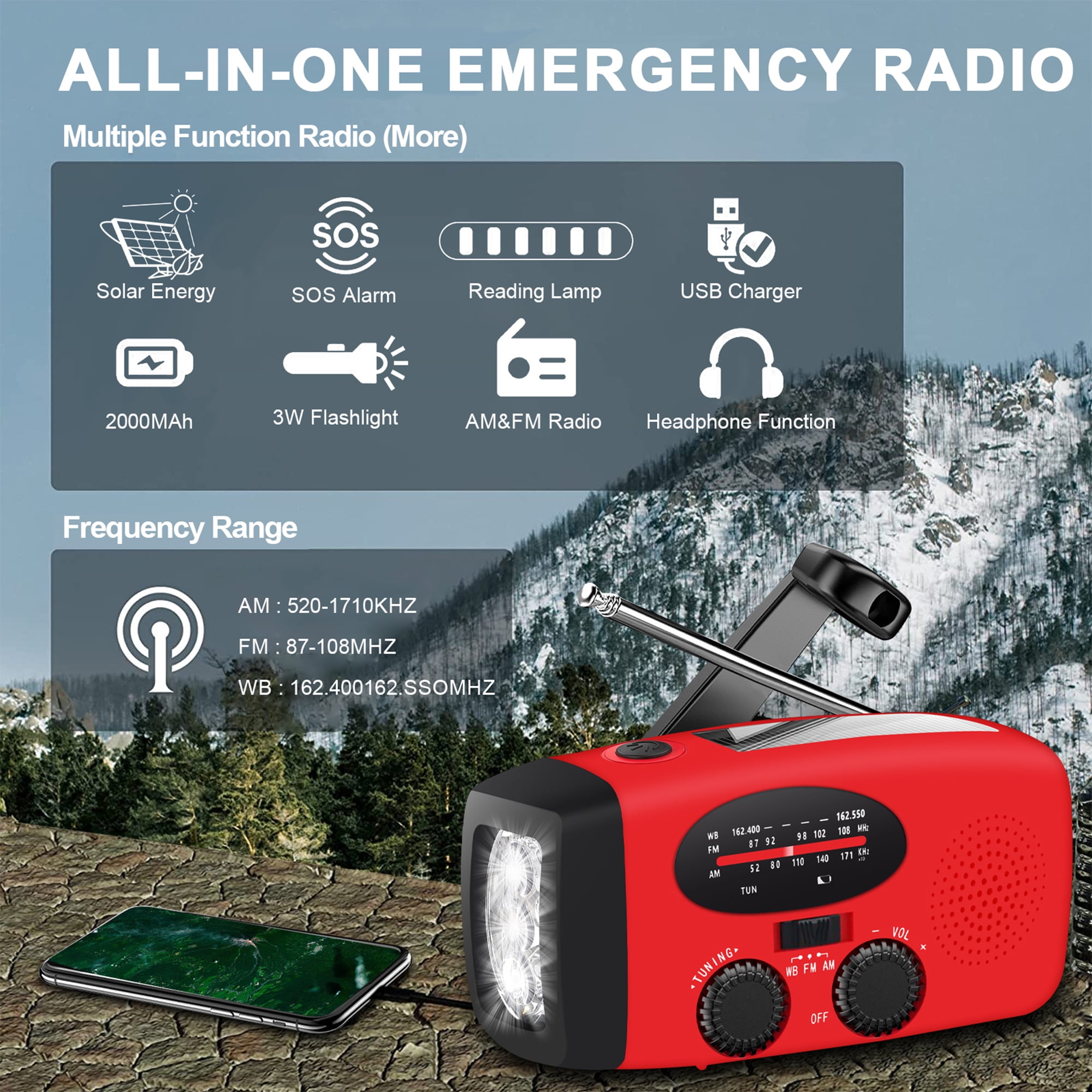 TSV Emergency Radio, Solar Hand Crank Self-Powered Weather Radio with 2000mAh Rechargeable Battery, Bright LED Flashlight, for Household Emergency, Outdoor Survival