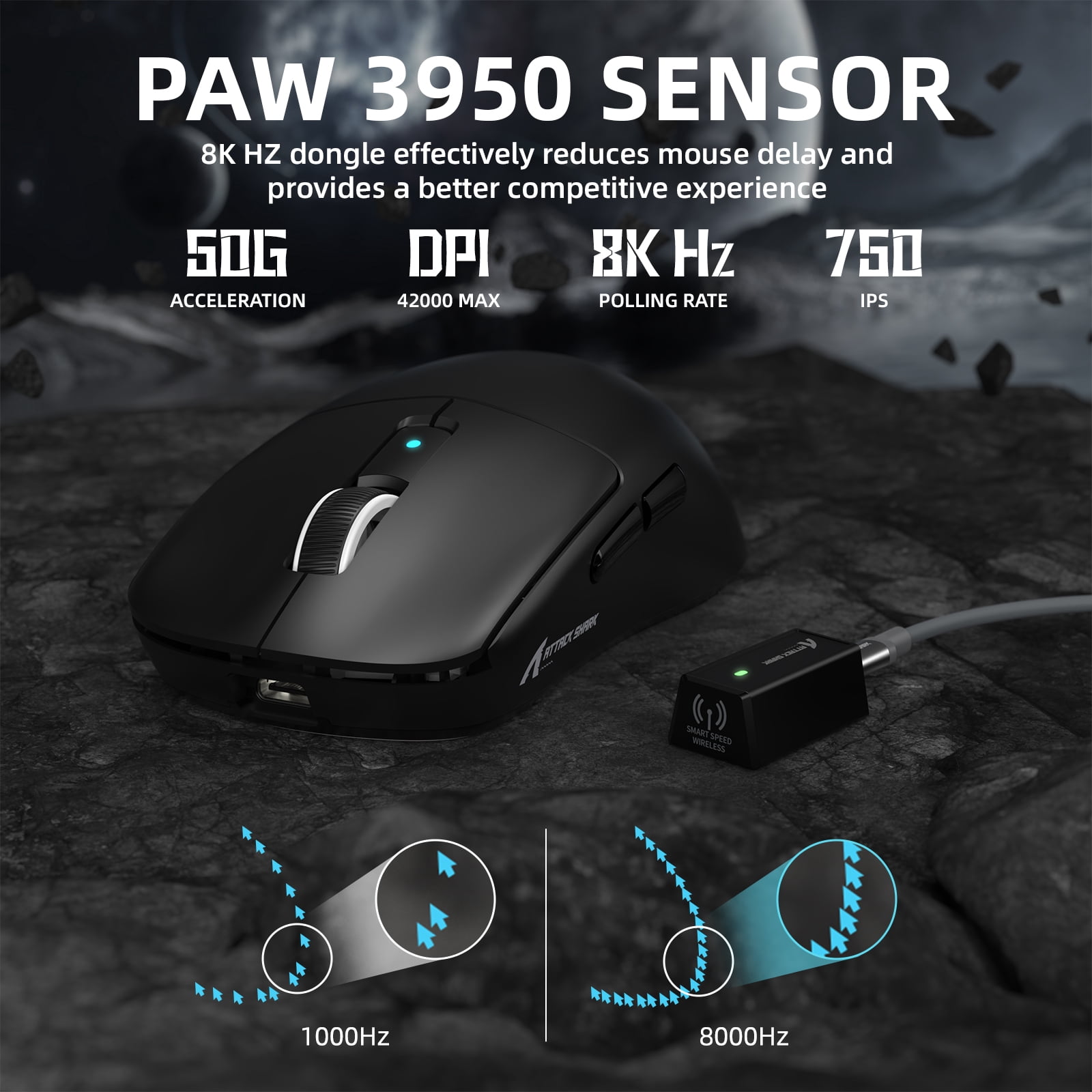 ATTACK SHARK R6PRO 39g Superlight Wireless Gaming Mouse, PixArt PAW3950MAX 42000 DPI, MCU Nodic 52840 Computer Mouse, 8K Polling Rate Web Driver, BT/2.4Ghz/Wired Tri-Mode Mice with Coiled Cable