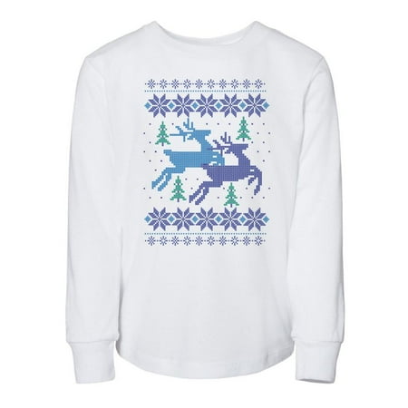 

TeesAndTankYou Reindeer Cross Stitch Christmas Toddler Kids Long Sleeve T-Shirt 3T White