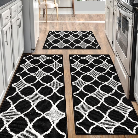 Kitchen Mats for Floor 3 Piece Set,Farmhouse Kitchen Runner Rugs Non Skid Washable,Soft Comfort Kitchen Mats for Floor Sets,Kitchen Area Rug Floor Mat for Bathroom Entryway Indoor Door(Black)