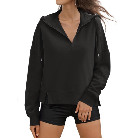 DARING DIVA Women's Stylish Cropped Half Zip Hoodie with Trendy Side Slits S Black