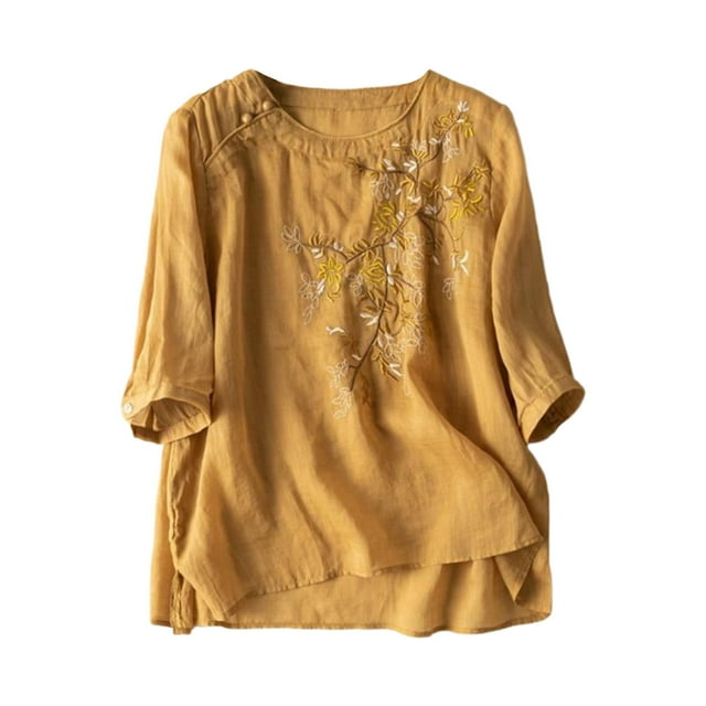 Mujeres Manga Corta de Verano Tops Color Sólido Encaje Coser Cuello de la Tripulación Casual Top, Blusa de Tela Suave Flexible, Lavado a Mano Primavera Verano