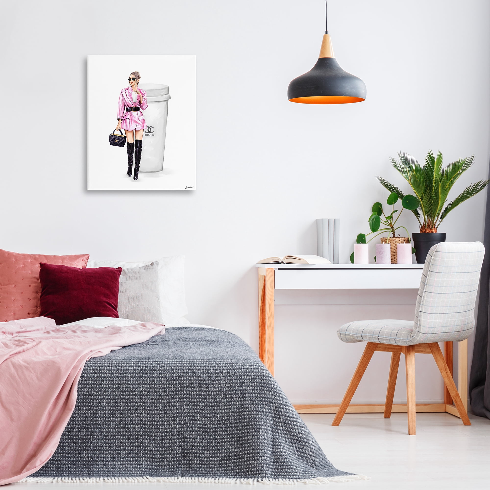 Stupell Industries Trendy Girl with Coffee Novelty Painting Gallery Wrapped Canvas Art Print Wall Art, 24 x 30
