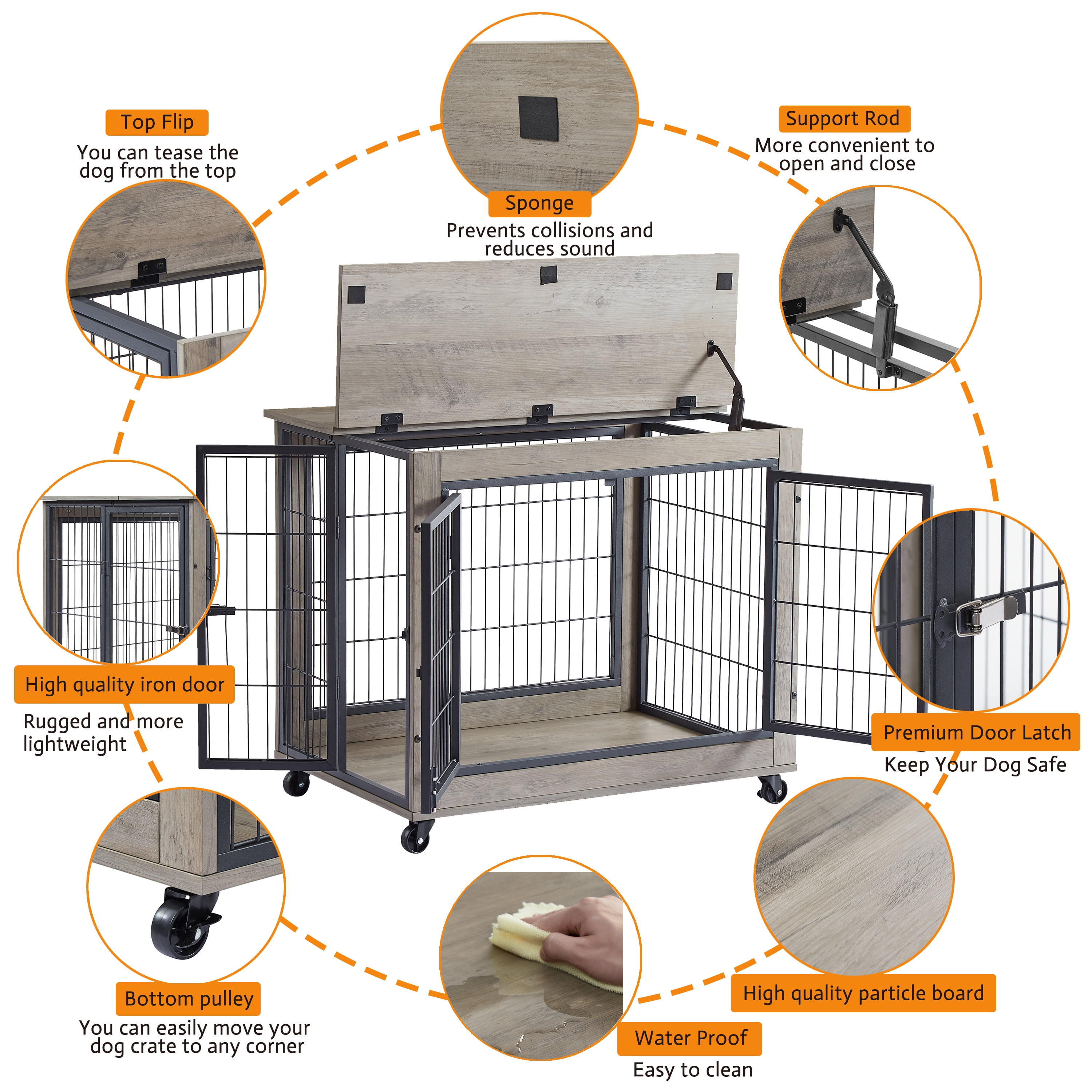 Syngar Dog Crate on Wheels, Wooden Dog Cage with Lockable Double Doors and Lift Top, Modern Home 2-in-1 Dog House End Table Furniture, Dog House for Small Sized Dogs, Gray, 31.5"L