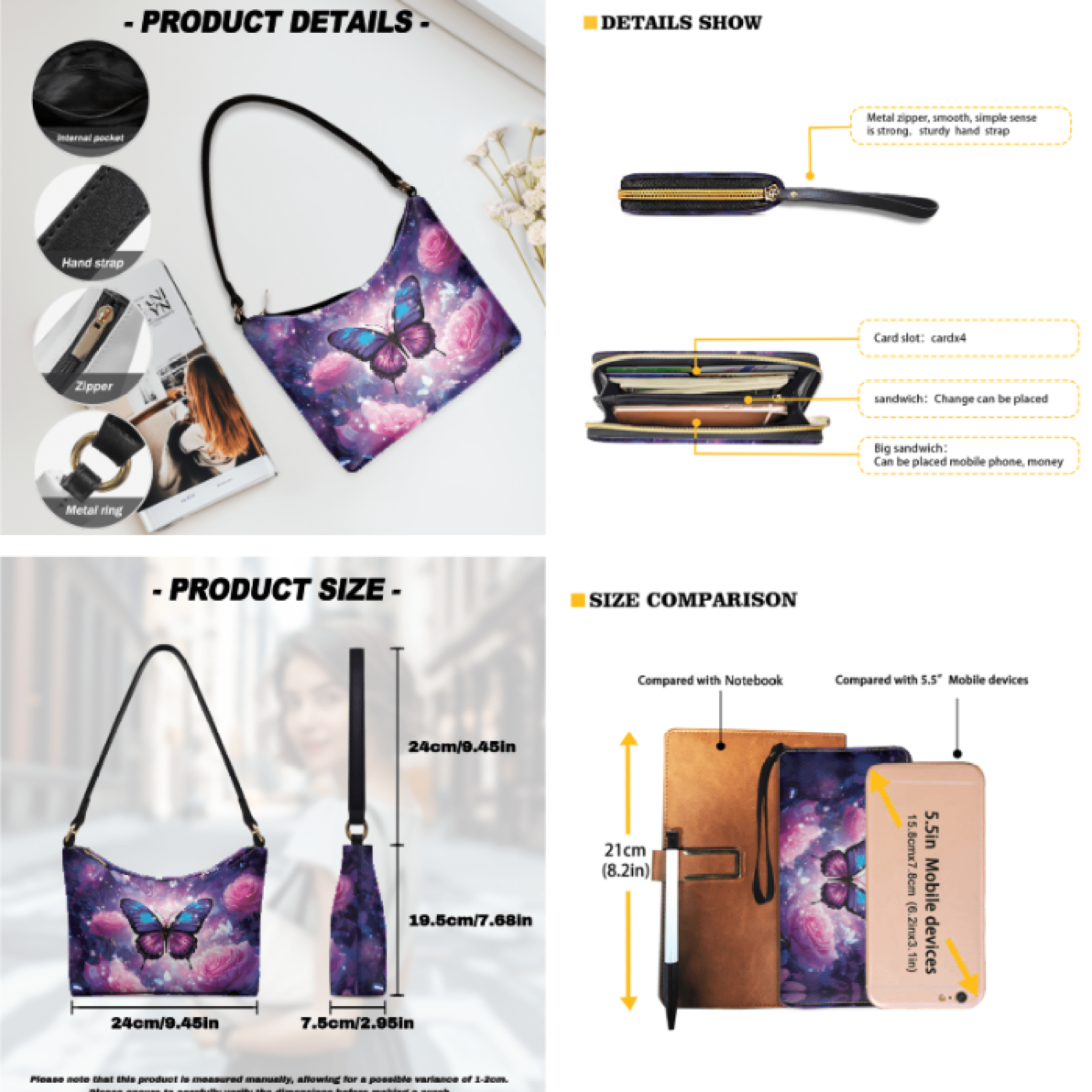 Tutolipy Butterfly Rose Pattern 3 Pcs Tote Handbag Set, with Sling Bag Satchel Purse Wristlet Purse, Compatible with Work Shopping