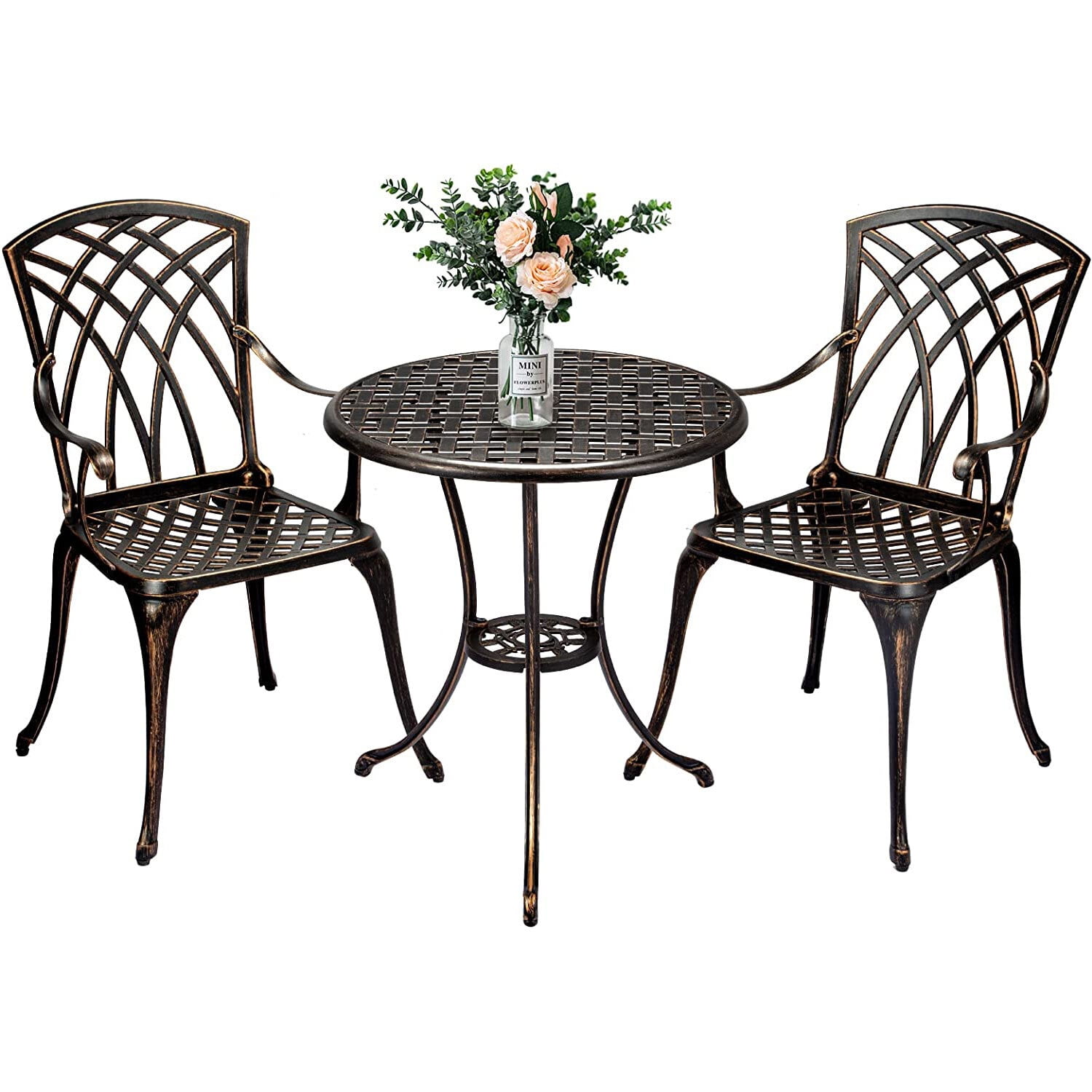 Yartaka 3Piece Floral Outdoor Patio Bistro Set, Cast Aluminum Outdoor