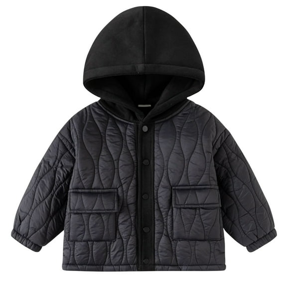 Winter Coats for Boys Girls with Pockets Cotton Down Thick Windproof Hooded Jacket Button Up Quilted Sweatshirt (8 Years, Black)