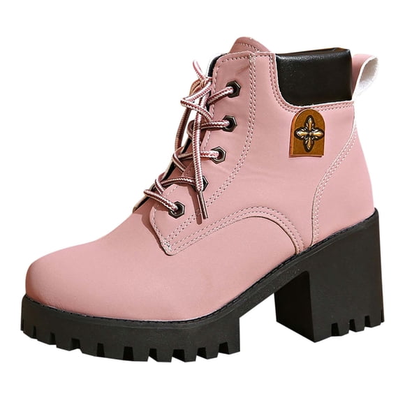 Ankle Boots For Women, Chunky Heel Platform Sole Lace Up Booties With Bee Buckle, Fashion Casual Mid Calf Boots For Fall Winter