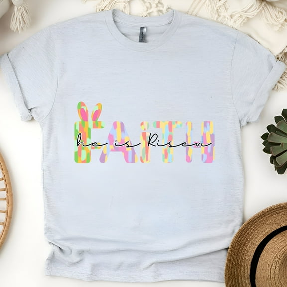 Pastel FAITH Bunny Graphic Tee | He Is Risen Christian Shirt for Women, Ash, Size S