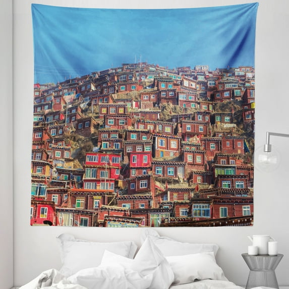 Tibetan Tapestry, Old Houses at Larung Gar in Clear Sunny Day Travel Picture Sichuan China, Fabric Wall Hanging Decor for Bedroom Living Room Dorm, 5 Sizes, Multicolor, by Ambesonne