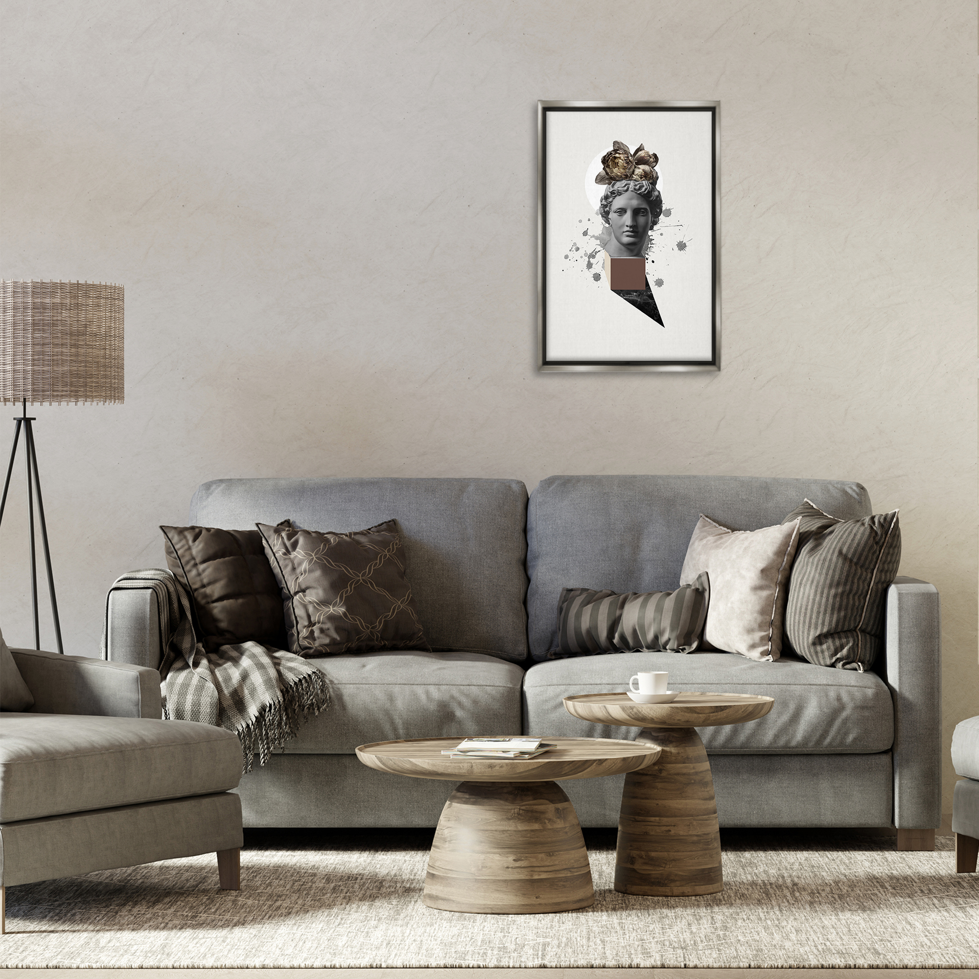 Stupell Industries Modern Statue with Peonies Botanical & Floral Painting Gray Floater Framed Canvas Art Print Wall Art, 17 x 25