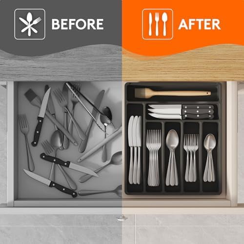 Silverware Drawer Organizer Tray, Plastic Cutlery Storage for Kitchen, Flatware and Utensil Holder Divider for Spoons Forks Knives Tableware, 12.3 x 14.2", 7 Slots, Black