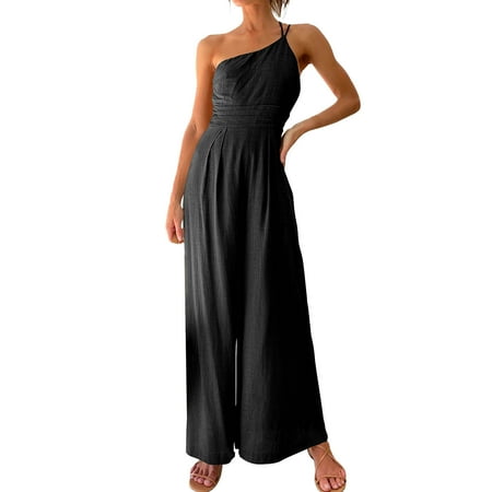 

Women Summer Straps One Shoulder Pleated High Waist Casual Wide Leg Jumpsuit Romper plus Jumpsuit Elegant Jumpsuit for Women Evening Party Dressy Pant Suits for Wedding Suite Romper plus Size Long