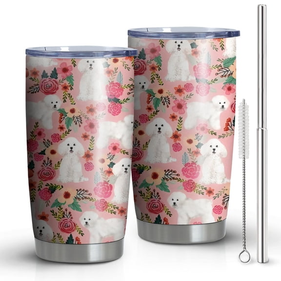 20oz Tumblers Bichon Frise Dog and Pioneer Flower Stainless Steel Vacuum Insulated Double Wall Travel Tumbler Cups Mug with Lid and Straw,Cleaning Brush for Cold & Hot Drinks