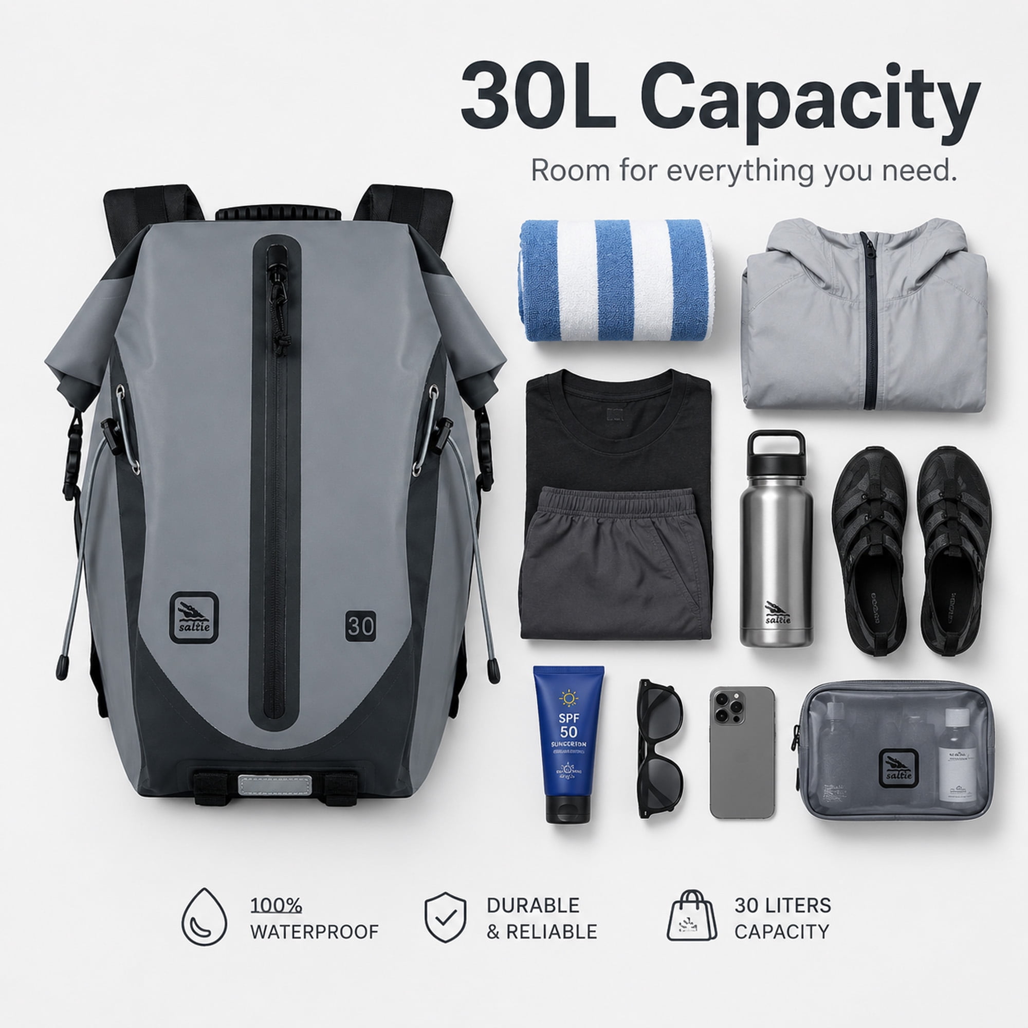 30L Waterproof Dry Bag Backpack with Roll-Top Closure, Front Mesh Pocket and Padded Straps, Gray