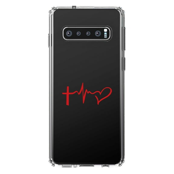 DistinctInk Clear Shockproof Hybrid Case for Samsung Galaxy S10  PLUS (6.4" Screen) - TPU Bumper Acrylic Back Tempered Glass Screen Protector - Cross Heart - Faith Hope Love