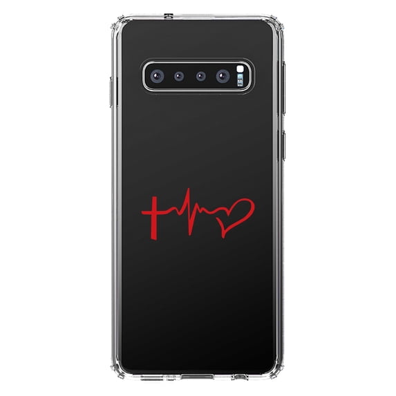 DistinctInk Clear Shockproof Hybrid Case for Samsung Galaxy S10 (6.1" Screen) - TPU Bumper Acrylic Back Tempered Glass Screen Protector - Cross Heart - Faith Hope Love