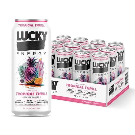 Lucky Energy Sugar Free Energy Drinks, Tropical Thrill, 16oz Cans (12-Pack) Healthy, Zero Sugar Energy Drink with Maca, Ginseng, Beta-Alanine, Taurine & 200mg Caffeine