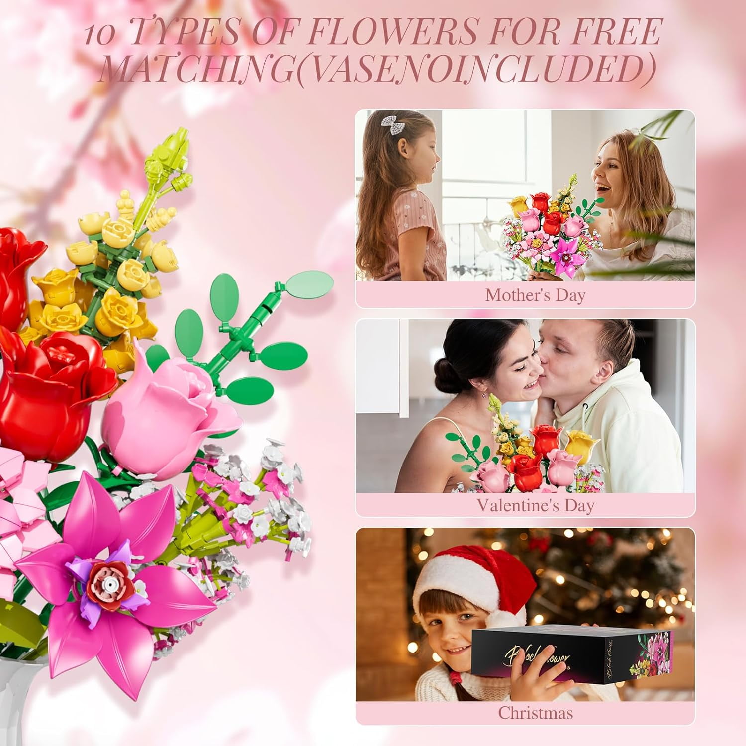 Flower Bouquet Building Set, 11 DIY Plant Bouquet Compatible with Lego, 765 PCS Flower Bouquet Building Toy for Girls Women Adults, Idea Gifts for Valentine's Day Birthdays Mother's Day