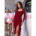 thumbnail image 6 of Women'S Ruched Bodycon Midi Dresses Elegant Mesh Long Sleeve Square Neck Ruffle Hem Cocktail Party Dress Wine Red M, 6 of 8