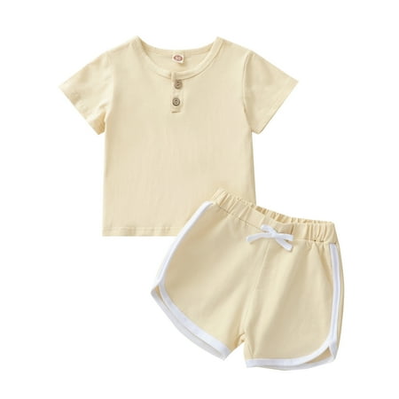 

jaweiw Kids Girls Clothes Set Summer Boys Solid Color O-Neck Short Sleeve Tops+ Short Pants Black/Apricot/Green/Gray 6 Months-4 Years