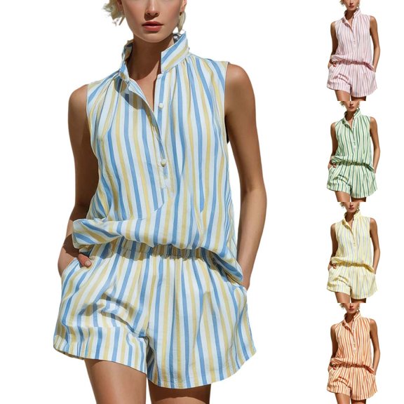 Pretxorve 2 Piece Set for Women Print Striped Stand Collar Half Button Sleeveless Top Elastic Shorts Outfits
