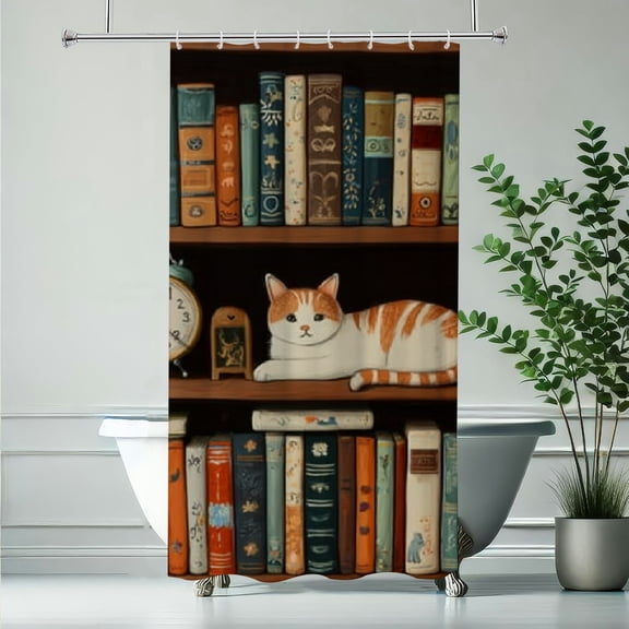 RKSupls Christmas Shower Curtain, Cat Bookshelf Shower Curtain with Hooks for Christmas Home Bathroom Decor Washable Curtains, 36x72 in