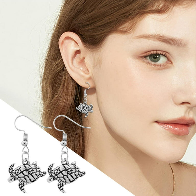 Extra Long Post Earrings for Thick Lobes Cute Turtle Pendant