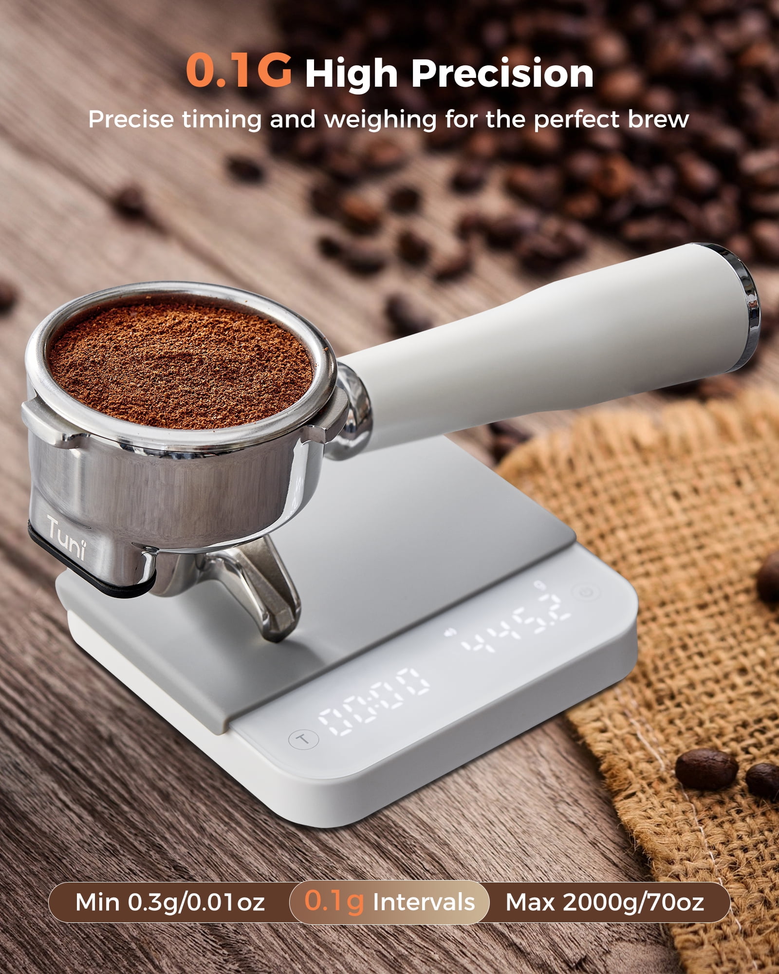 Tuni S1-WP Mini Coffee Scale with Timer, Rechargeable Digital Espresso Scale with Auto Timing, 0.1g/2kg Accurate Scale for Espresso and Pour-Over Coffee
