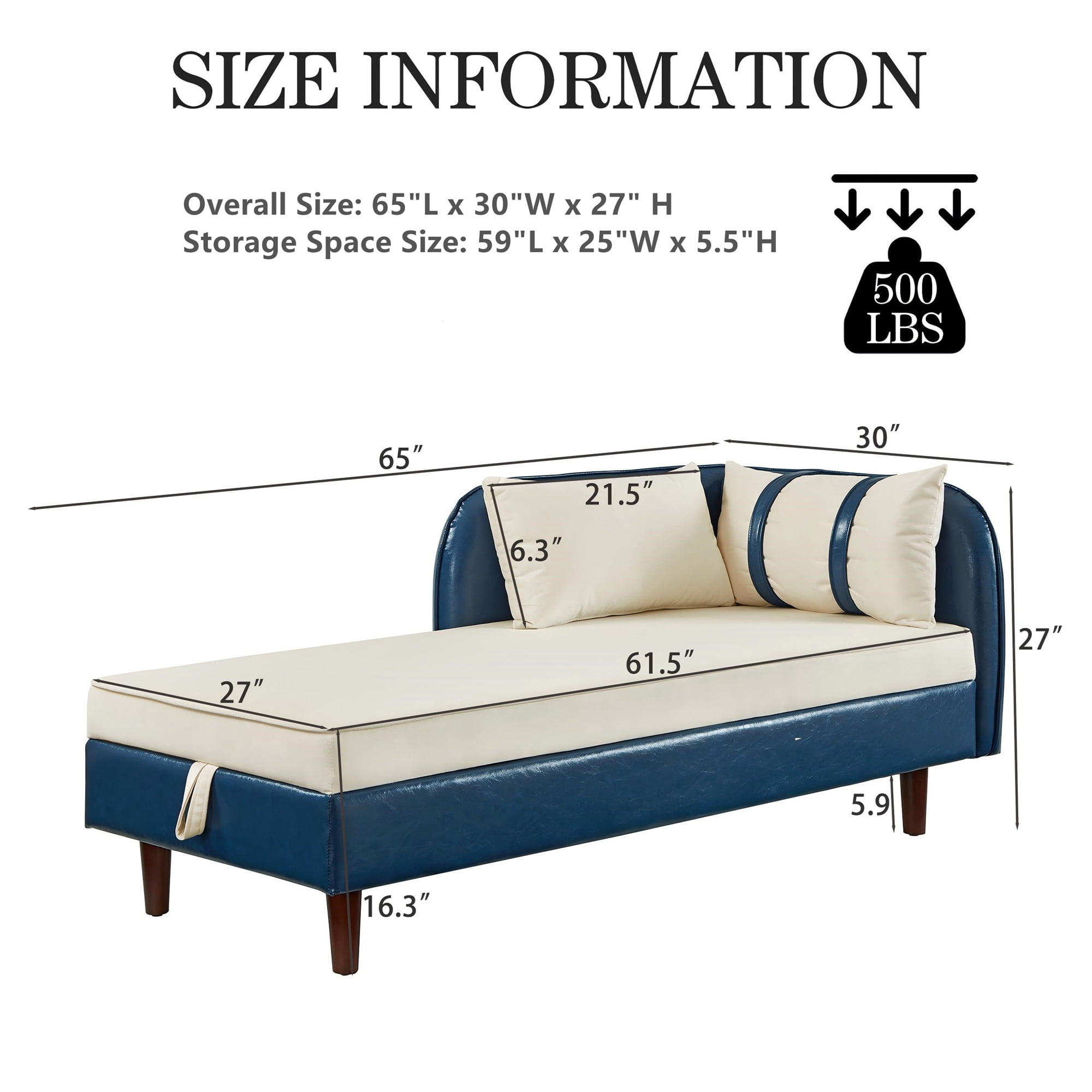 Aukfa 65" Storage Chaise Lounge Indoor Leather Sofa for Living Room Bedroom, Wooden Legs, 2 Pillows, Blue & Beige