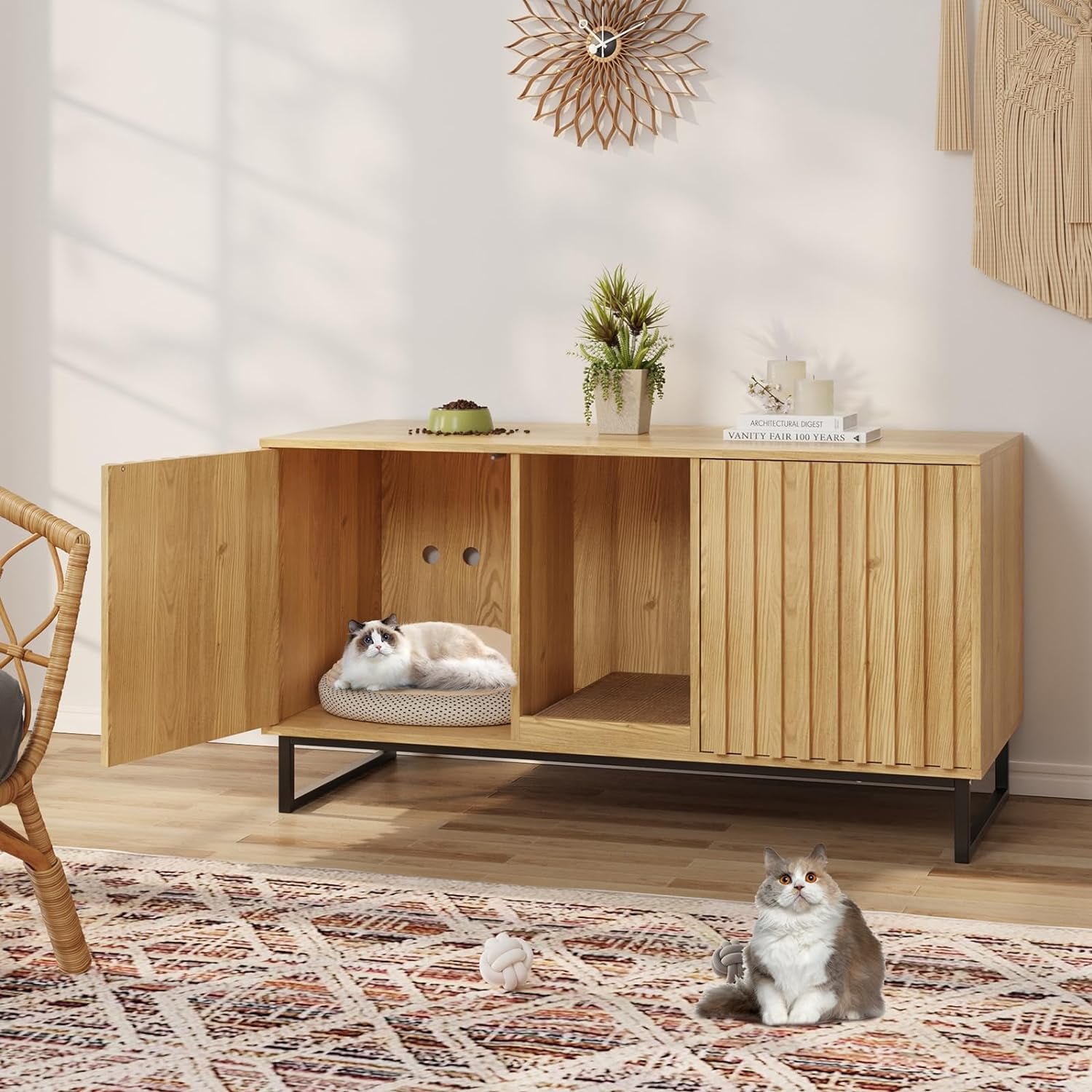 Veanerwood Cat Litter Box Enclosure for 2 Cats, 47.6’’ Litter Box Furniture Hidden with Cat Scratch Pad, Double Room Large Cat Cabinet, Indoor Cat House TV Stand Side Table,Cat Washroom