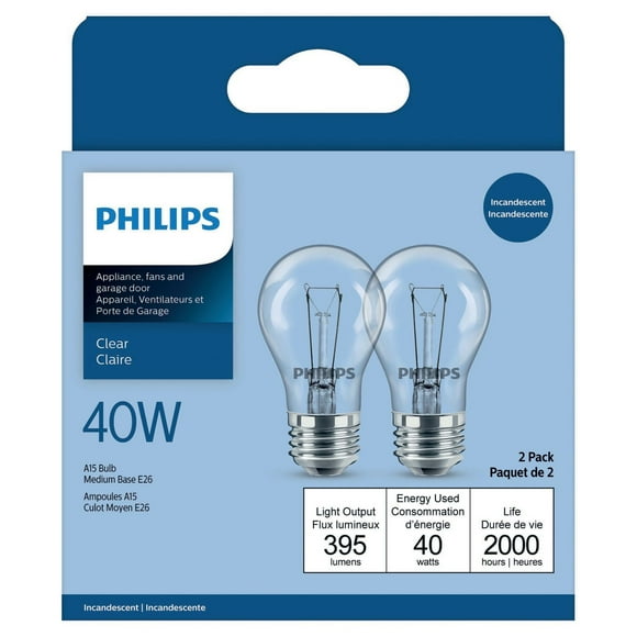 PHILIPS Paquet de 2 ampoules A15 de 40 W à culot moyen pour électroménager, transparent Base moyenne A15 40W