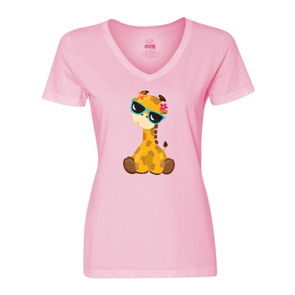 Inktastic Giraffe With Blue Sunglasses, Cute Giraffe Women's V-Neck T-Shirt