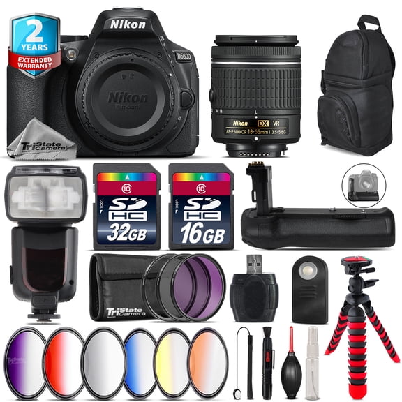 Nikon D5600 DSLR Camera + 18-55mm VR + Pro Flash + Battery Grip + Remote + 48GB