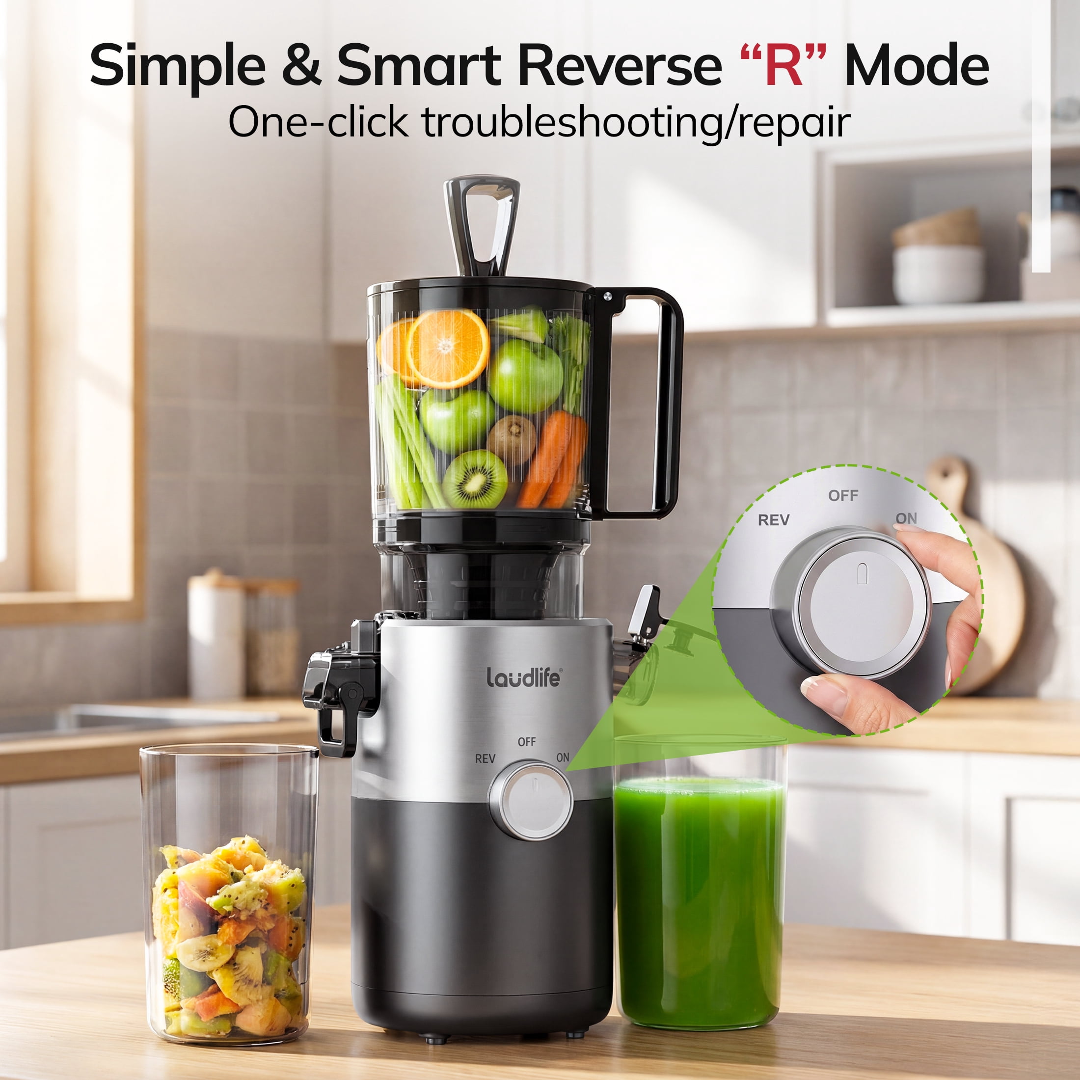 Cold Press Juicer, 5.4" Large Feed Chute Slow Masticating Juicer, High Juice Yield, Ultra Quiet, Easy Clean, BPA Free, Ideal Self-Feeding Juicer for Whole Fruits & Vegetables, Gray