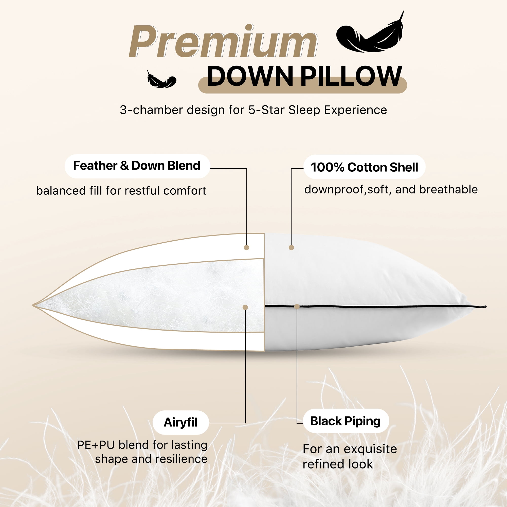 Howsheep Feather Down Pillows Set of 2, Medium Firm Hotel Bed Pillow 2 Pack, Queen Size, 20 x 30 in.