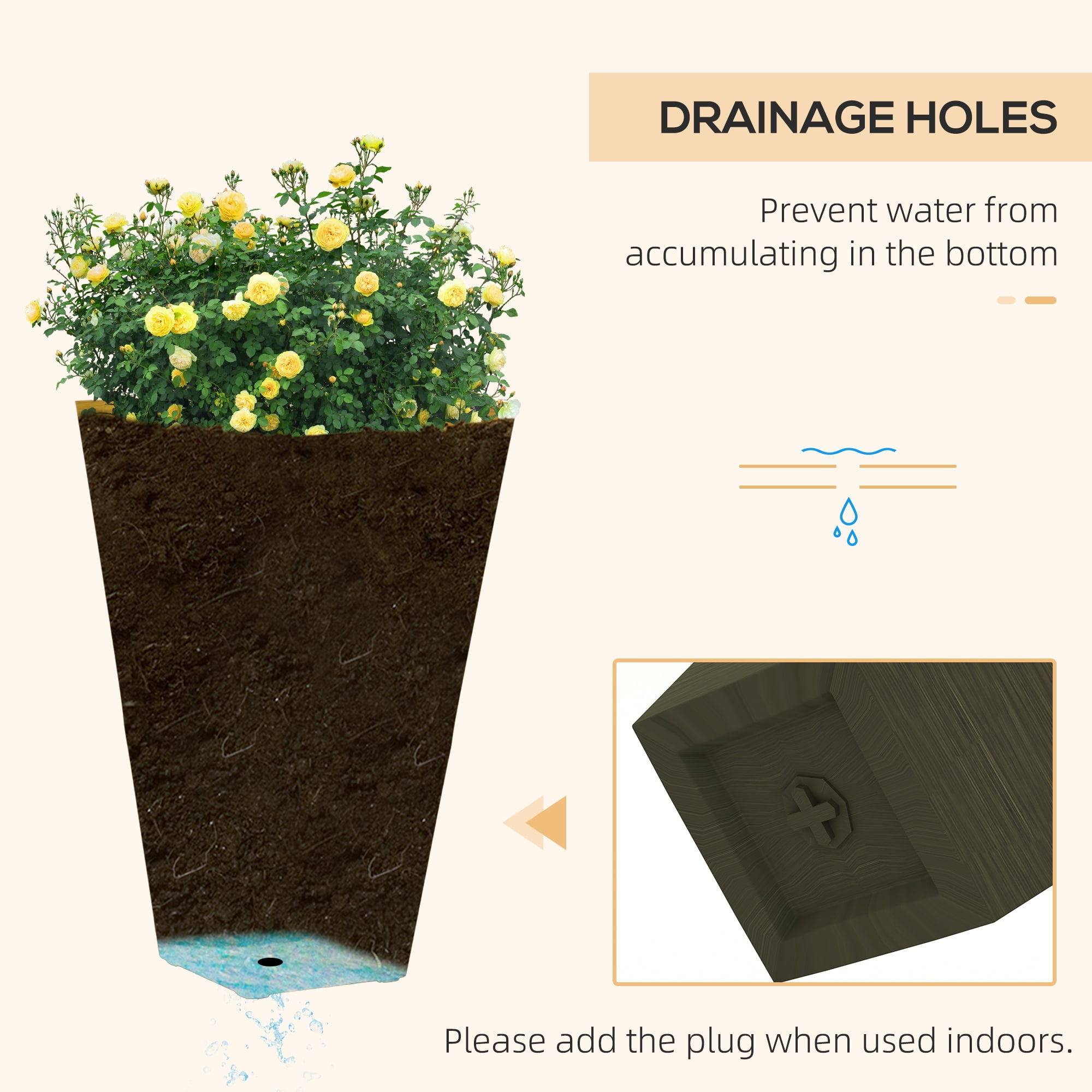 Outsunny Set of 3 Tall Outdoor Planters w/ Drainage Holes, Dark Brown