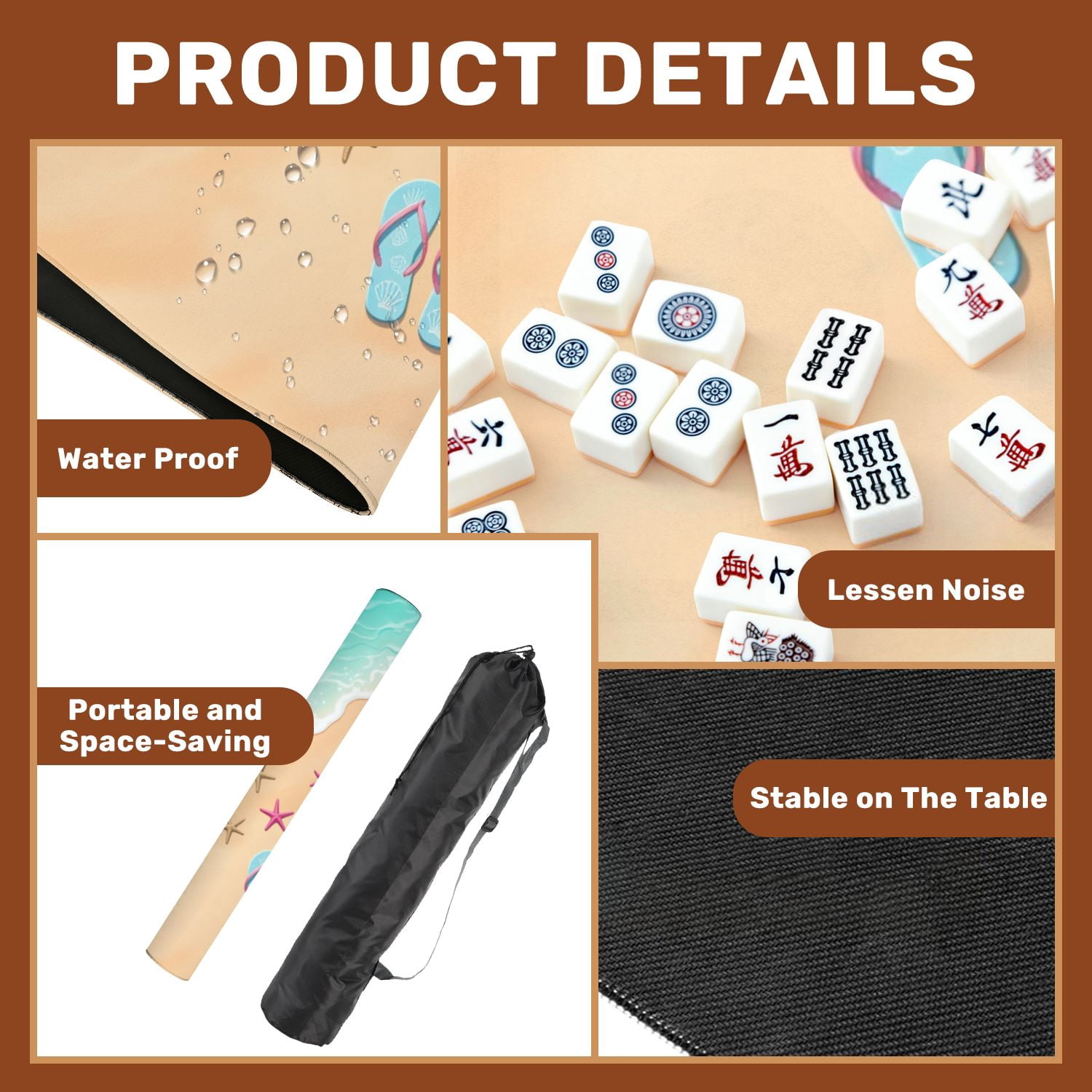 Mahjong Mat 31.5" x 31.5" Beach Scene Starfish Pink Umbrellas Flip Flops Sandy Shore Non-Slip Noise Reduction American Mahjong Tiles Table Cover for Dominoes Poker Card Board Games Gift