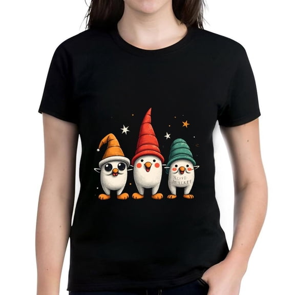 Colorful Cartoon Penguin Christmas T-Shirt for Women - Short Sleeve Cotton Tee with Festive Design and Merry Christmas Text
