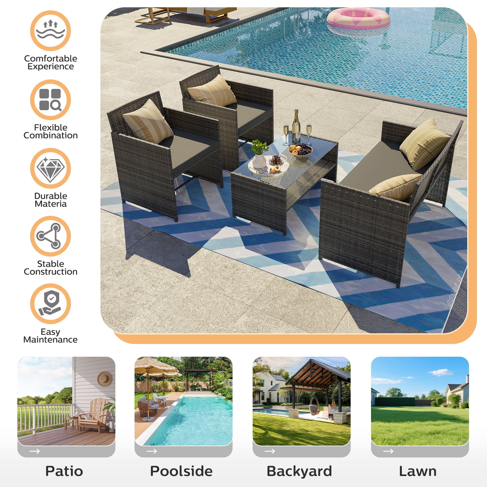 ELPOSUN 4-Piece Rattan Wicker Patio Furniture Set with Cushions and Tempered Glass Tabletop, Patio Conversation sets Gray