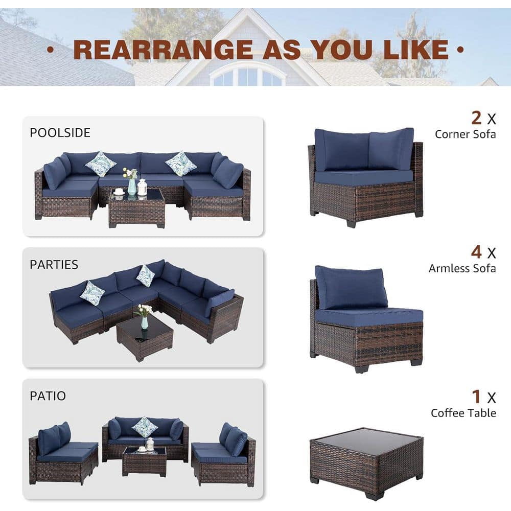 YIORTWO 7-Piece Outdoor Patio Furniture Set, PE Wicker Sectional Conversation Sofa Set with Glass Coffee Table, Weather-Resistant Cushions for Patio, Garden, Backyard, Dark Blue