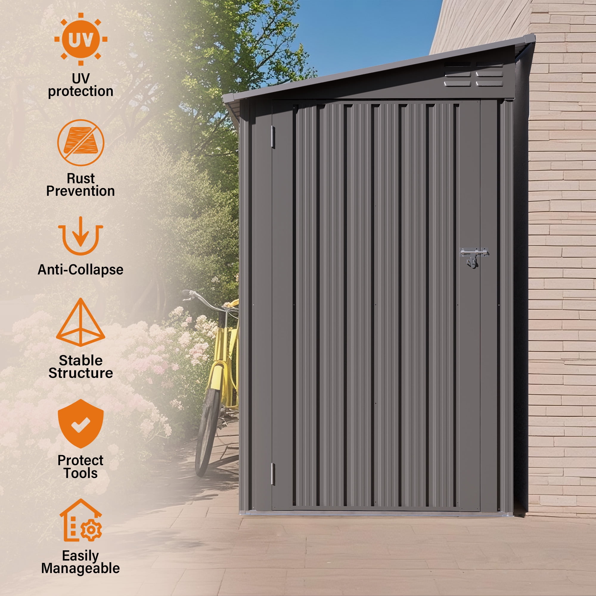 Easmvetaln 4x9FT Metal Lean To Shed with Window & Lockable Door, Outdoor Storage Shed for Backyard Garden (Gray)