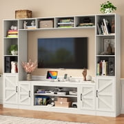 ChVans 103" Large Farmhouse Wall Unit Entertainment Center with Bookshelves, Storage Shelves & Barn Door Cabinet, Rustic Farmhouse TV Stand Media Console Table for Living Room & Home Theater