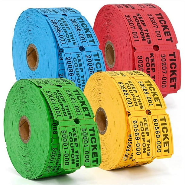 4000 Boletos de Rifa Dobles - 4 Colores Surtidos (Azul, Amarillo, Rojo, Verde) 1000 Boletos por Rollo para Eventos de Recaudación de Fondos y Fiestas