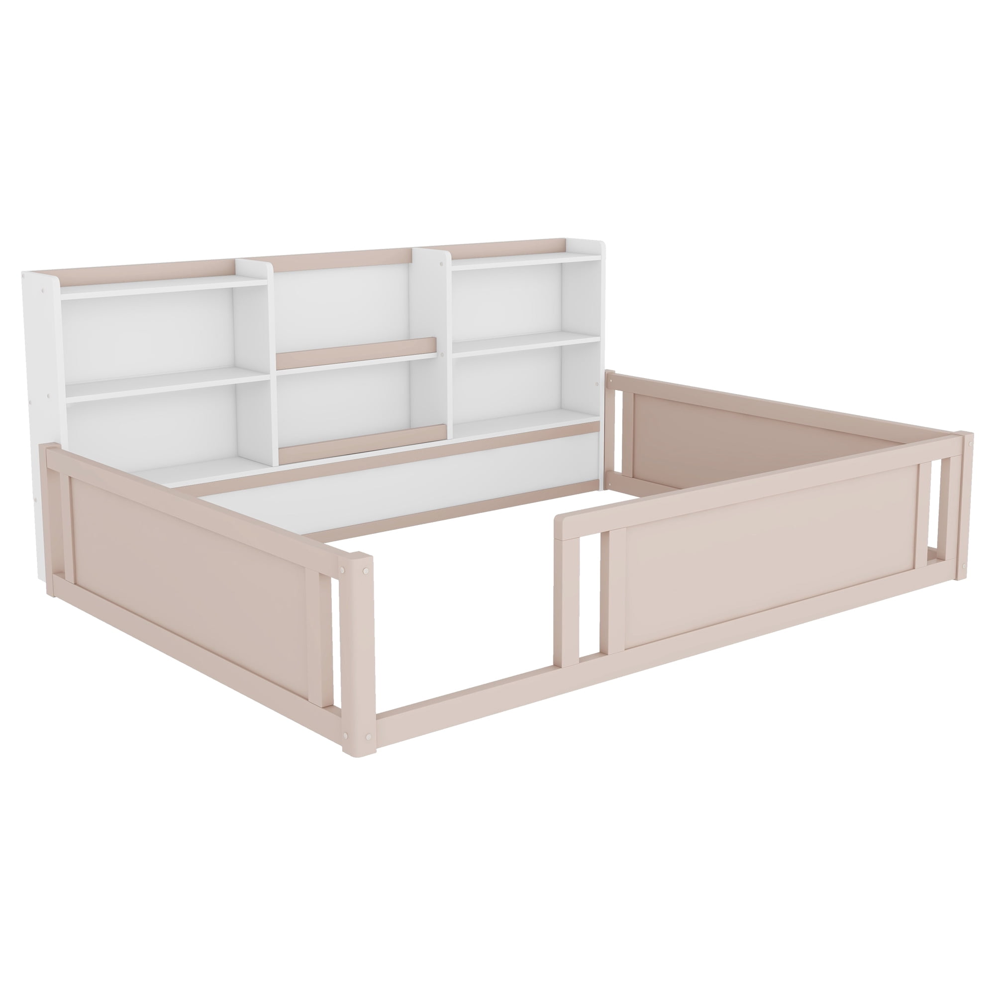 Mintazer Full Size Montessori Floor Bed with Bookcase Headboard & Guardrails, Kids Platform Bed Frame with 6 Cubby Storage Shelves for Bedroom, White & Natural